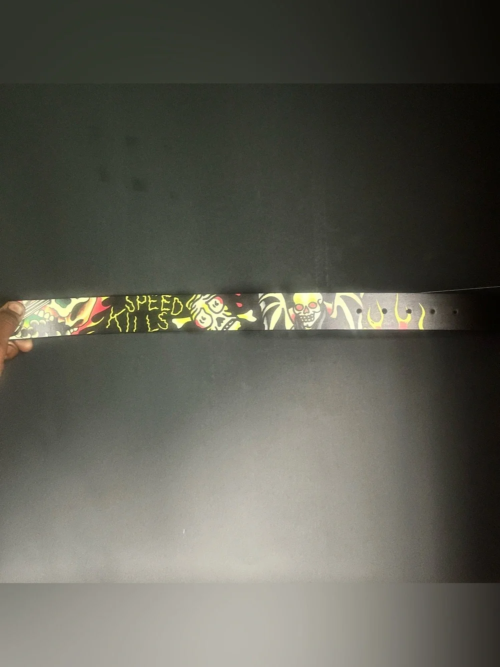 Ed Hardy Skull & Flames Graphic Belt - Black with Yellow and Red Accents